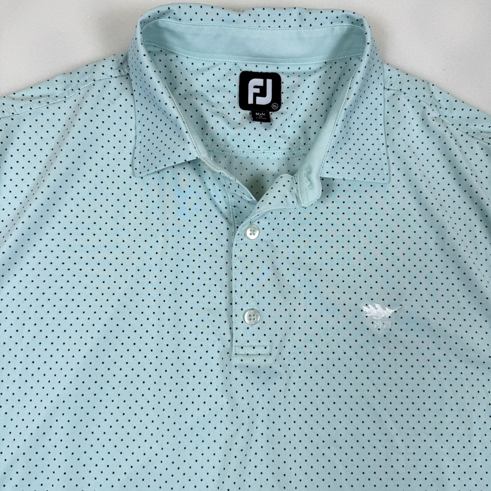 Footjoy Mens XL Golf Polo Shirt Old Elm Club Logo Blue/Teal Dot Stretch SS